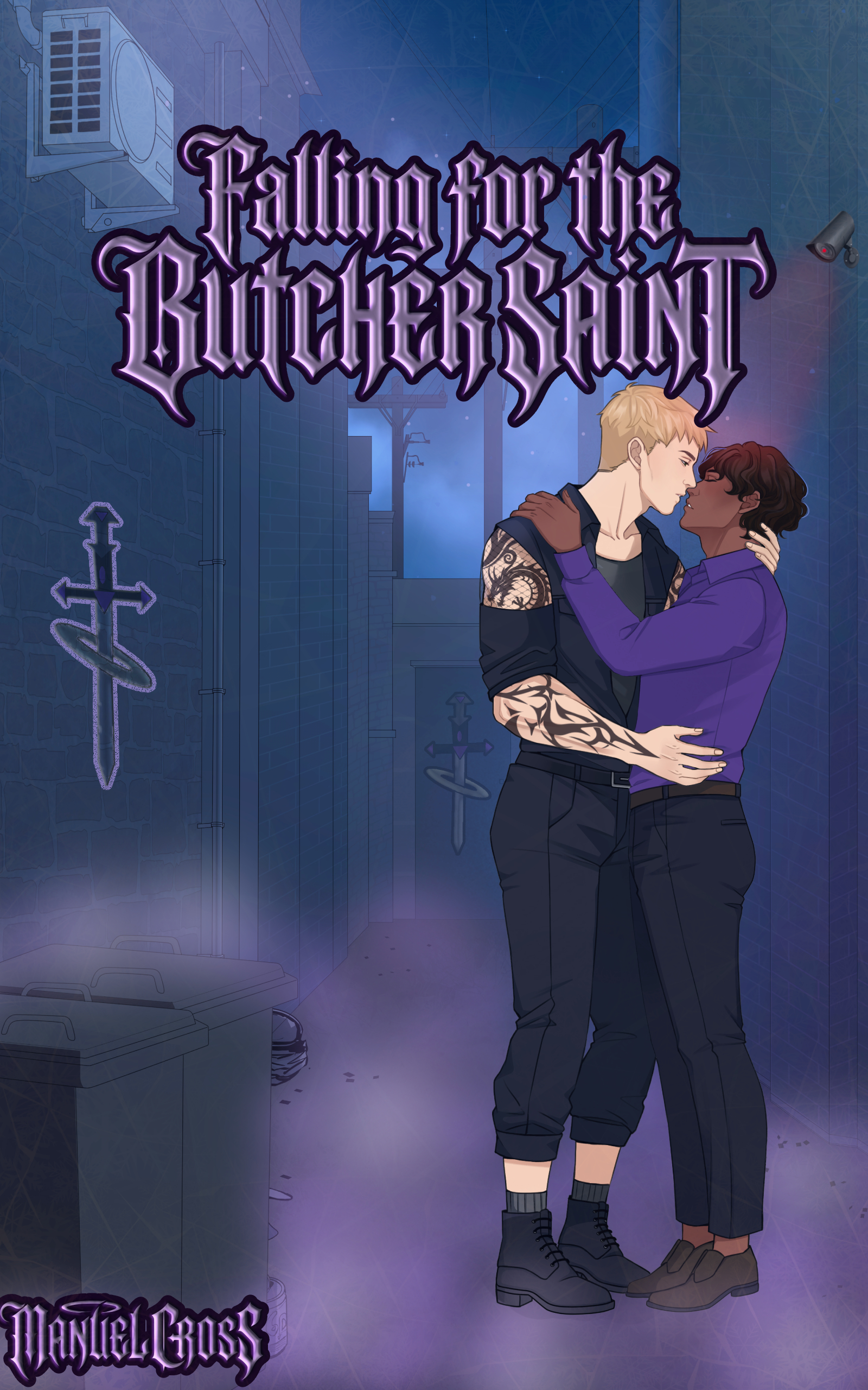 Cover of Falling for the Butcher Saint by Manuel Cross: two men embracing in a moody, violet-lit alley beneath gothic lettering.